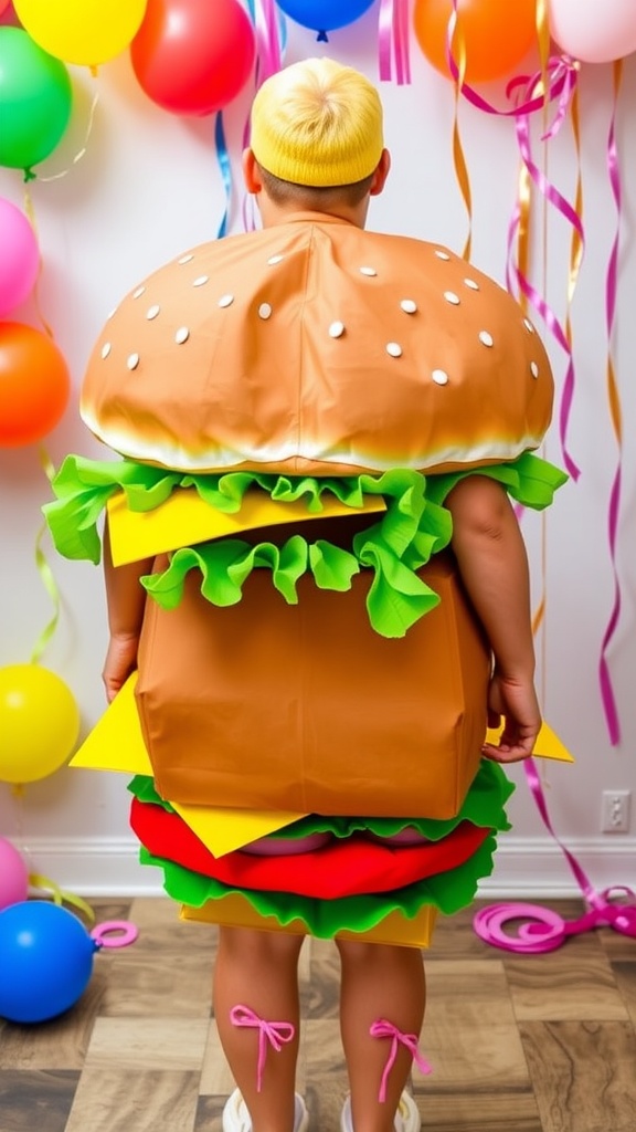 A person in a bright burger costume with a bun, cheese, lettuce, and ketchup, celebrating at a costume party.